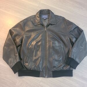 Faconnable Mens XL Vintage Black Lambskin Leather Bomber Jacket